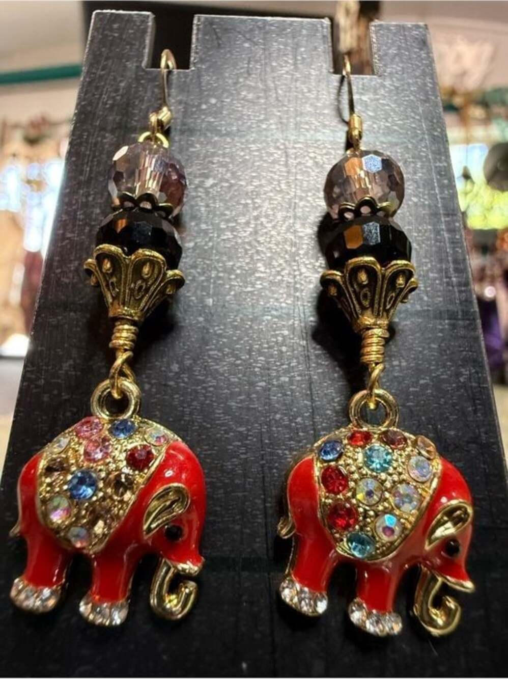Artisan Red Elephant Hand Wrapped Crystals 14K Gold Ear Wire Earrings - Picture 2 of 6